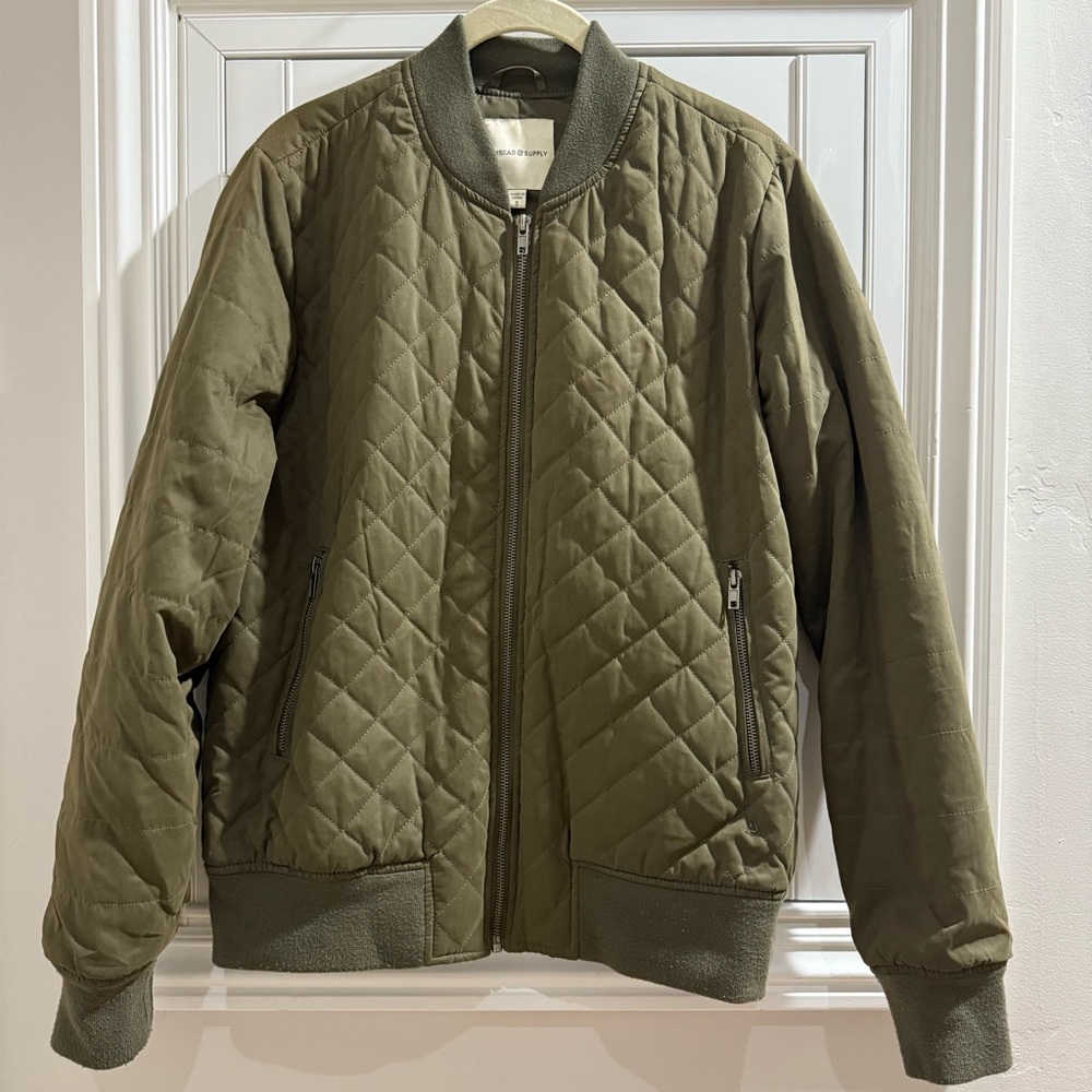 Thread & Supply Olive Green Quilted Bomber Jacket - Size Small - Picture 2 of 5
